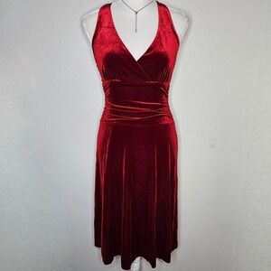 AB Studio‎ Red Velvet Ruched Waist Cocktail Halter Dress